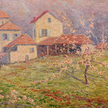 Load image into Gallery viewer, Oil on canvas, French farm with blooming apple trees, signed M. Surtel. Professionally cleaned and relined.  France, c.1880