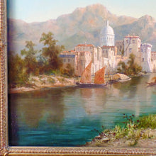 Load image into Gallery viewer, Oil Paintings (pair) on canvas, signed W. Dommersen, c.1870-1900 both are scenes of people along a waterway.