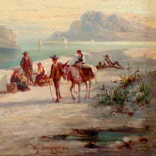 Load image into Gallery viewer, Oil Paintings (pair) on canvas, signed W. Dommersen, c.1870-1900 both are scenes of people along a waterway.