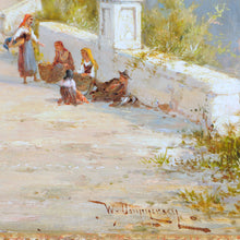 Load image into Gallery viewer, Oil Paintings (pair) on canvas, signed W. Dommersen, c.1870-1900 both are scenes of people along a waterway.
