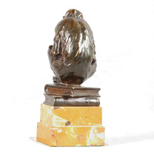 Load image into Gallery viewer, Bronze spectacled monkey considering a human skull, England, c.1900