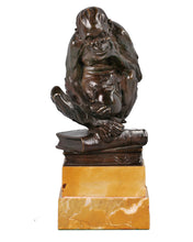 Load image into Gallery viewer, Bronze spectacled monkey considering a human skull, England, c.1900