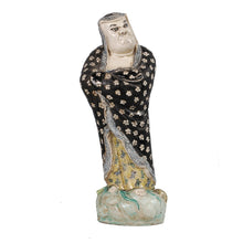 Load image into Gallery viewer, An antique Japanese-style ceramic figurine of a robed figure standing on a cloud base, featuring a blue-black robe with white florals and yellow robe.