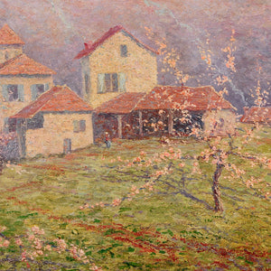 Oil on canvas, French farm with blooming apple trees, signed M. Surtel. Professionally cleaned and relined.  France, c.1880
