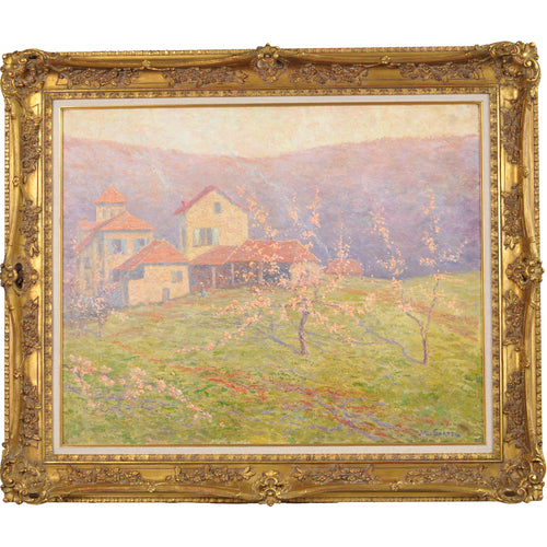 Oil on canvas, French farm with blooming apple trees, signed M. Surtel. Professionally cleaned and relined.  France, c.1880