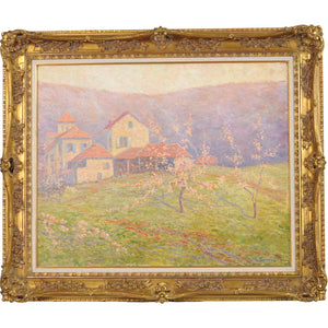 Oil on canvas, French farm with blooming apple trees, signed M. Surtel. Professionally cleaned and relined.  France, c.1880