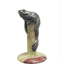 Load image into Gallery viewer, A decorative sculpture of a frog perched on a polished onyx column with a round base, shown against a plain white background.