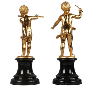 Pair gold plated musician figures on marble bases, Germany, c.1890