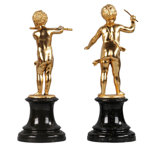 Pair gold plated musician figures on marble bases, Germany, c.1890