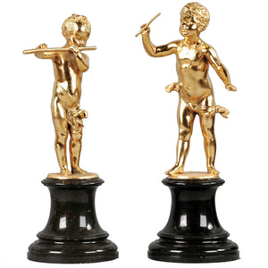 Pair gold plated musician figures on marble bases, Germany, c.1890