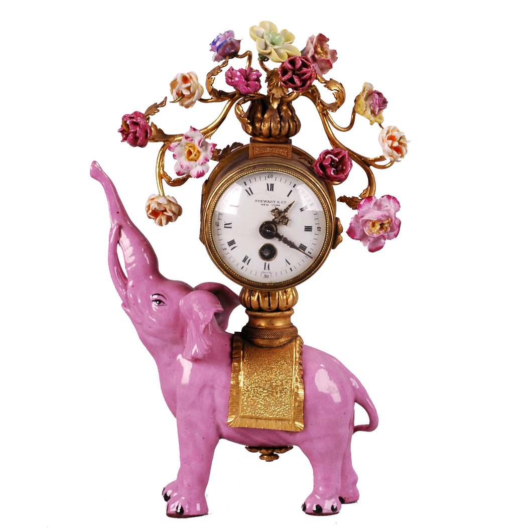 Antique Pink Porcelain Elephant Clock, China, c.1925