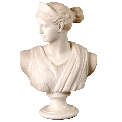Antique White Marble Bust of Diana, Artist Signed, Italy