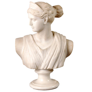 Antique White Marble Bust of Diana, Artist Signed, Italy