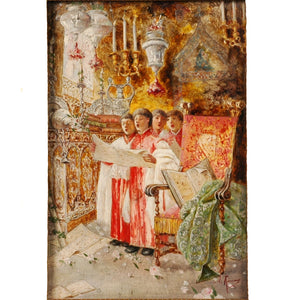 Oil painting by Antonio Rivas on wooden panel “Choir Boys” in original frame, Signed, Spain, c.1870