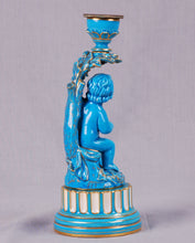 Load image into Gallery viewer, A Sèvres style turquoise glazed figural candlestick