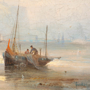 Oil on canvas, Harbor Scene, signed Thornley, England, c.1880